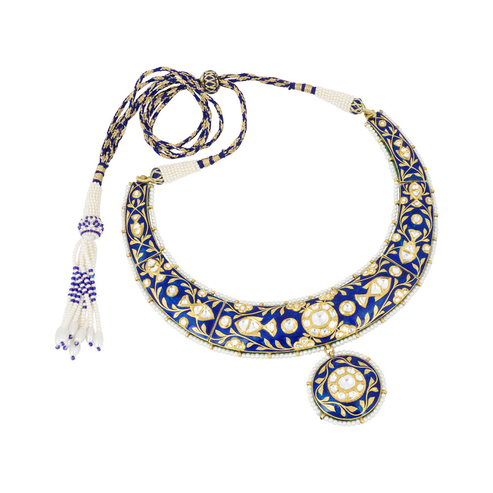Indigo Enamel Hasli Necklace with Polki and Pearl Detailing